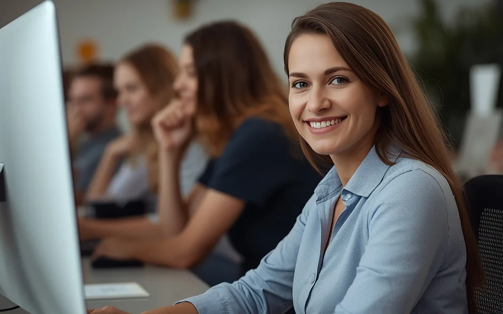 Vrouw achter een computer op kantoor werkt aan haar website